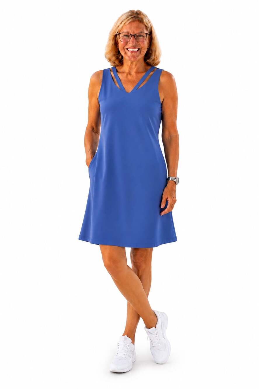 Avia Women's Athletic Dress with Built-in Shorts and Pockets, Blue